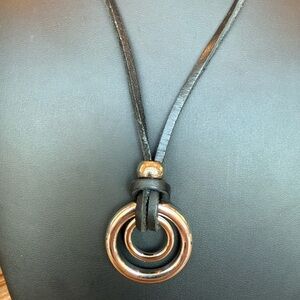 Stainless Steel Modernist Double Circle Pendant Black Leather Cord Necklace